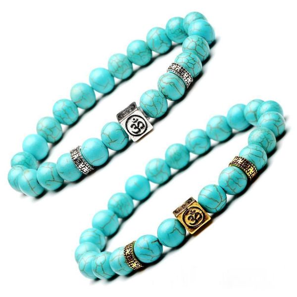 Aggiorna Perline di pietre preziose turchesi Bracciale con fili di yoga da 8 mm Braccialetti in pietra naturale con scatola in argento antico e oro per le donne