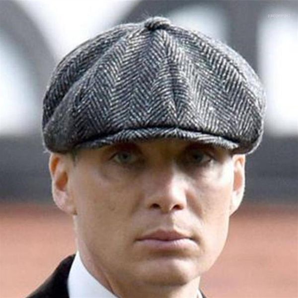 Berretti da strillone in lana Berretti piatti a spina di pesce da uomo Berretto Gatsby Cappelli da golf in lana da guida Cappello ispirato all'epoca Winter Peaky Blinders1253J