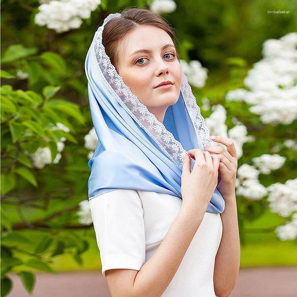 Lenços Moda Cetim Renda Cabeça Capa Mulheres Véu Hijab Lenço De Seda Católica Mantilla Com Capuz Dama De Honra Bandana