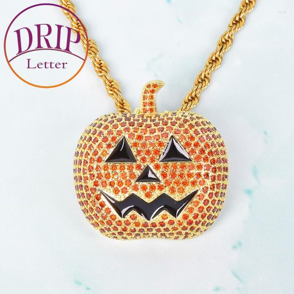 Anhänger Halsketten Orange Farbe Kürbis Bling Iced Kubikzircon Halskette Kette Herren Hip Hop Schmuck Halloween Geschenk