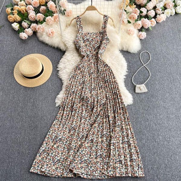 Casual Kleider Blumen für Frauen 2023 Sommer Fan Quadrat Kragen Plissee Chiffon Kleid Frau Urlaub Hosenträger Frauen