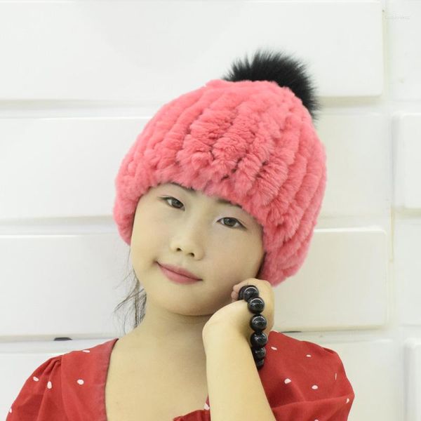 Berets meninas chapéus de inverno malha chapéu de pele natural fofo pompom crianças moda quente headwear elástico