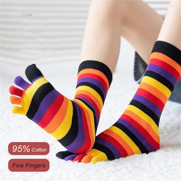 Damensocken, Regenbogenfarben, gestreift, Baumwolle, Winter, fünf Finger, Herbst, mittlere Röhre, schweißabsorbierend, geteilte Zehensocke