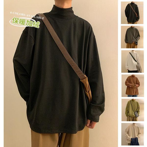 Homens camisetas Turtleneck manga comprida camisa homens baggy cor sólida imitação dralon tecido harajuku tops moda coreana suéteres