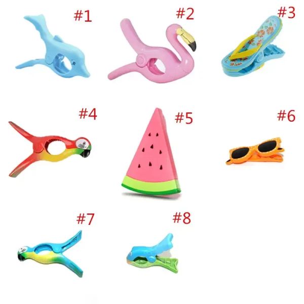 Große Sommer-Kleidungsklammer-Haken, Tier-Papagei, Delfin, Flamingo, Wassermelonen-förmige Strandtuchklemme, um den Wind zu verhindern, Kunststoff-Wäscheklammern, Wäscheklammer-Clips 0911