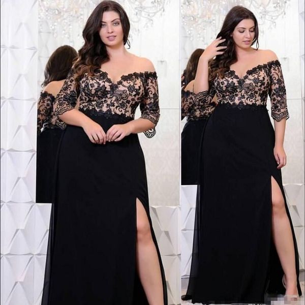 2023 mais novo preto árabe mãe da noiva vestidos fora do ombro meia mangas ilusão rendas contas chiffon varredura trem lado split personalizado casamento convidado vestidos de noite