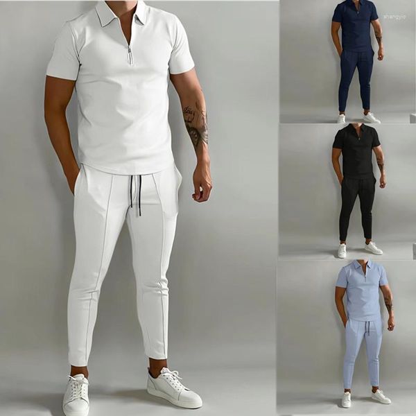 Tute da uomo Set coordinato estivo da uomo Manica corta Camicie con cerniera Pantaloni lunghi Tute Completi Top Uomo 2 pezzi Casual