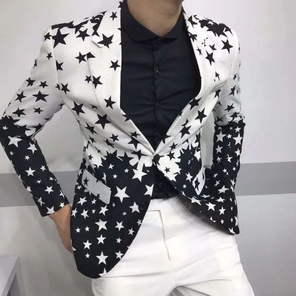 Luxo estrela impressão fino ajuste blazers masculino clube vestido noivo smoking masculino formal casamento baile de formatura blazer masculino traje homme