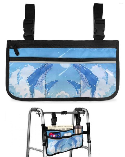 Sacos de armazenamento Baleia céu azul meteoro estrela nuvem saco de cadeira de rodas com bolsos braço lateral scooter elétrico andando bolsa