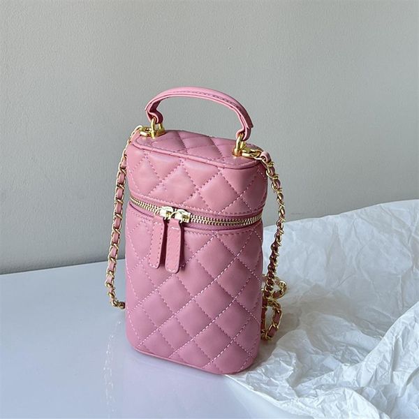 Womens Designer Penholder Bucket Bags Top Handle Totes Phone Holder Lambskin Clássico Acolchoado Diamante Treliça Cosmética Caso Rosa Bl188N