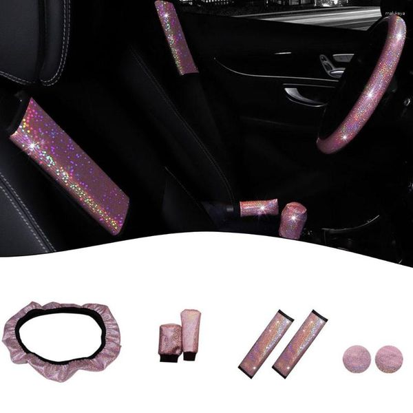 Capas de volante 7pcs capa de carro glitter bling handbrake engrenagem almofada de ombro para mulheres auto acessórios interiores