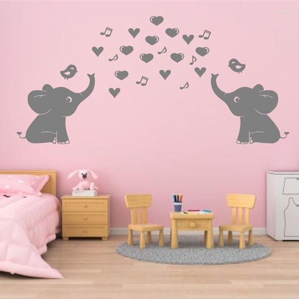 Adesivos de parede adesivo elefantes bonitos coração pássaro berçário menino menina criança decoração música notas decalque quarto c451