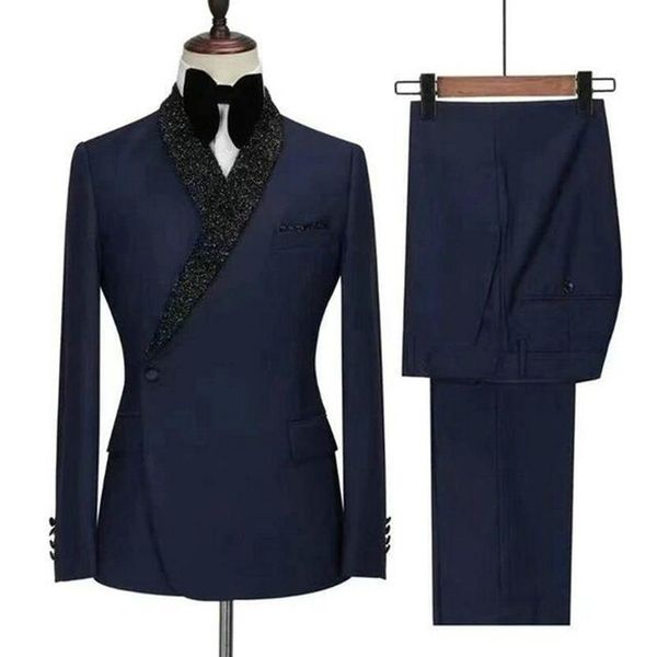 Abiti da uomo Blazer Ultimi disegni Giacca da smoking doppio petto blu navy Scialle nero lucido Risvolto Smoking formale da sposa 313C