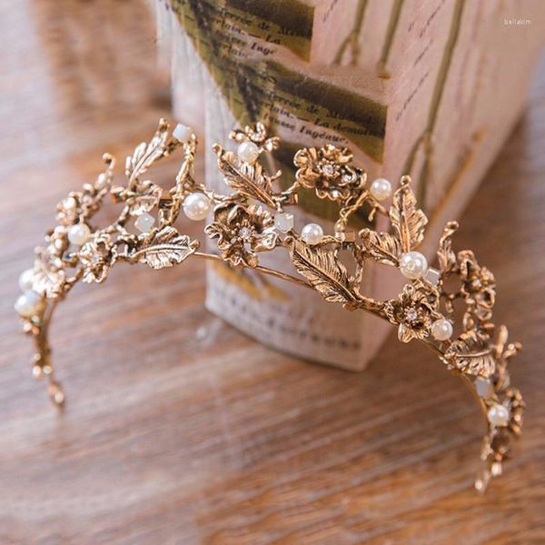 Fermagli per capelli Barocco retrò di lusso Perla Corona d'oro Gioielli da sposa con strass Diademi Corone Accessori per abiti da spettacolo EA