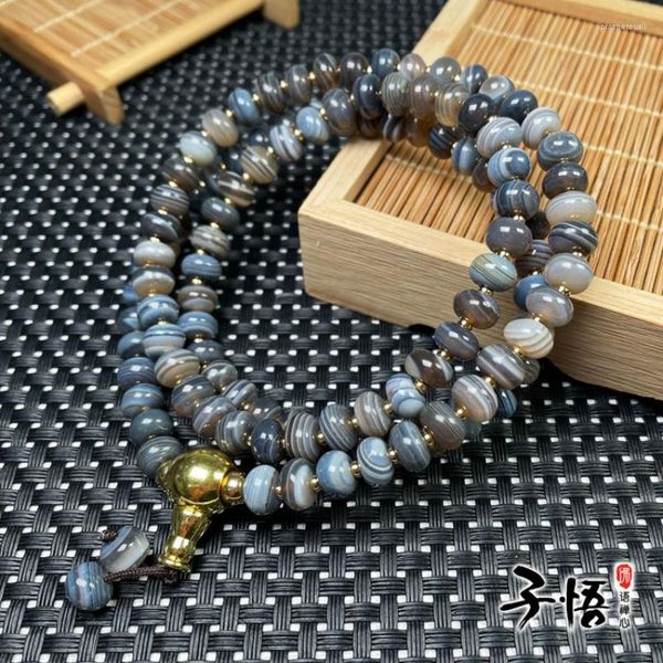 Strand estilo tibetano velho açúcar azul qin ágata ábaco contas 108 peças colar multi-círculo embrulhado à mão