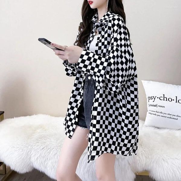 Blusas femininas ewsfv 2023 outono preto branco xadrez xadrez camisa feminina chique versátil solto casaco sabor maré senhoras topos