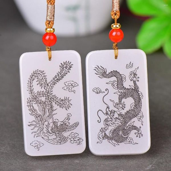 Anhänger Halsketten Natürliche Weiße Jade Drache Und Phönix Paar Männer Frauen Echte Chinesische Nephrit Jade Fengshui Charme Glück Amulett