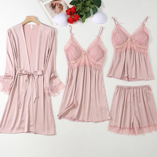 Pijamas femininos verão feminino quatro peças pijamas conjunto sexy rosa retalhos rendas pijamas terno solto seda cetim casa roupas lounge wear