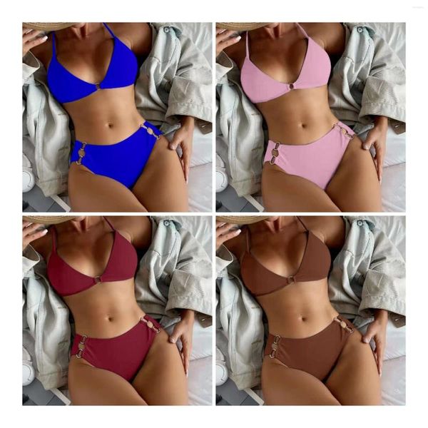 Mulheres Swimwear 2023 Europeu e Americano Sexy Cor Sólida Multi-Color Cintura Alta Biquíni Maiô Fábrica Atacado