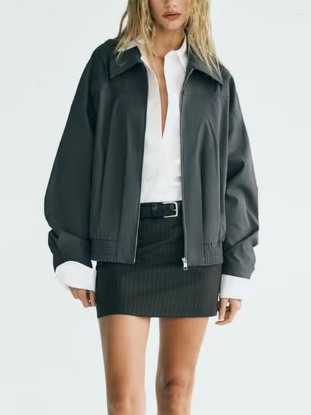 Jaquetas femininas Bomber Jacket Mulheres Plissadas Oversize para Manga Longa Zip Mulher Casaco Repelente de Água