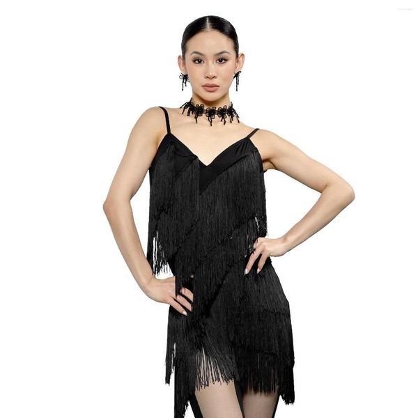 Stage Wear Vestito da ballo latino sexy Donna Backless Rosa Nero Nappa Concorrenza Adulto Cha Rumba Samba Costume da prestazione DNV18388