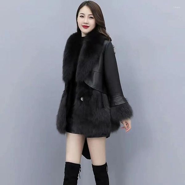 Jaqueta de imitação de costura de pele feminina casaco solto quente algodão acolchoado casaco de inverno feminino parker