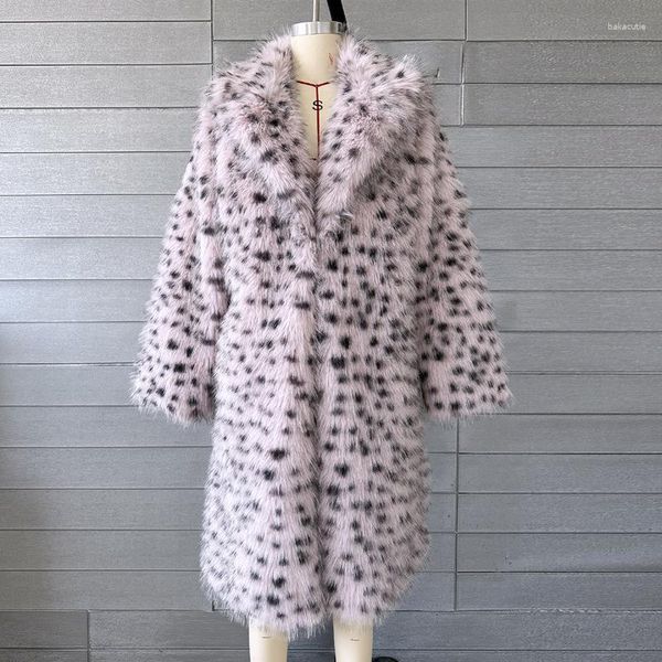 Pele feminina 2023 inverno casaco falso moda feminina gola virada para baixo leopardo impressão longo fofo jaqueta grossa quente à prova de vento de pelúcia outwear