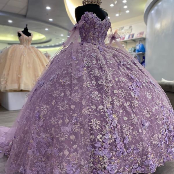 Sparkly roxo querida princesa vestido de baile quinceanera vestido fora do ombro renda 3dflower com arco doce 16 vestido vestidos de 15