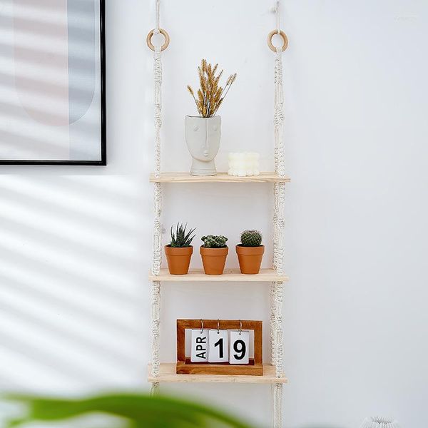 Placas decorativas prateleiras de suspensão parede macrame corda madeira balanço triângulo flutuante prateleira moderna boho decoração planta sala estar quarto