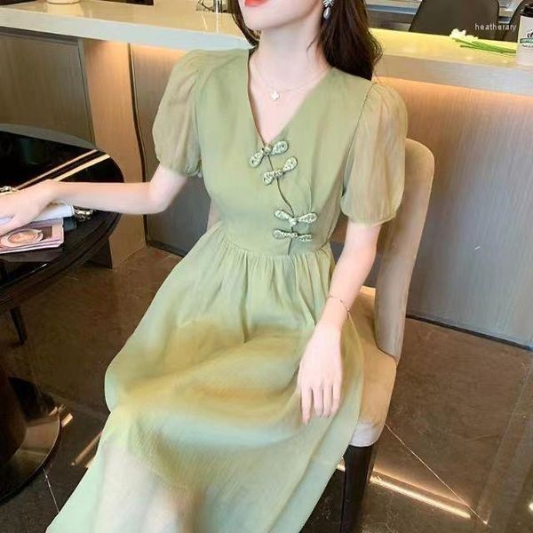 Roupas étnicas 2023 Verde Melhorado Cheongsam Mulheres Verão Chiffon Vestido Design Sentido Nicho V-Pescoço Bolha Manga Break Cintura Longa