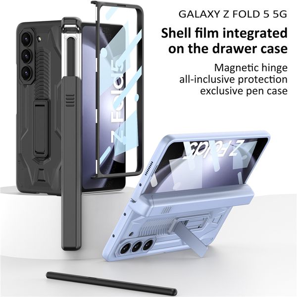 Capa de telefone luxuosa com dobradiça magnética Vogue para Samsung Galaxy Z Dobrável Fold5 5G Suporte invisível Suporte para caneta deslizante Suporte de membrana Kickstand Heavy Duty Fold Shell