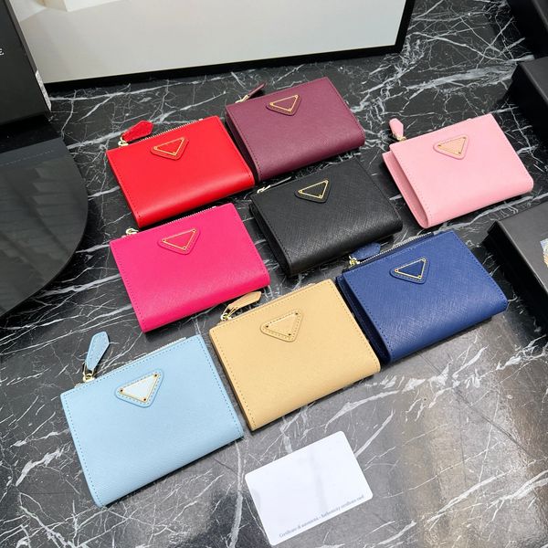 Marca de luxo feminina carteira curta metal triângulo carteira feminina marca de luxo senhoras zíper moedas bolsas sacos de cartão fivela carteiras dobráveis saco de embreagem com zíper bolso prlm210