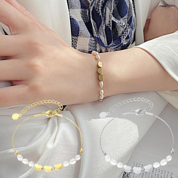 Braccialetti a maglie Bracciale con 3 perline a cuore con perla delicata per le donne Regalo di gioielli di moda regolabile minimalista in acciaio inossidabile