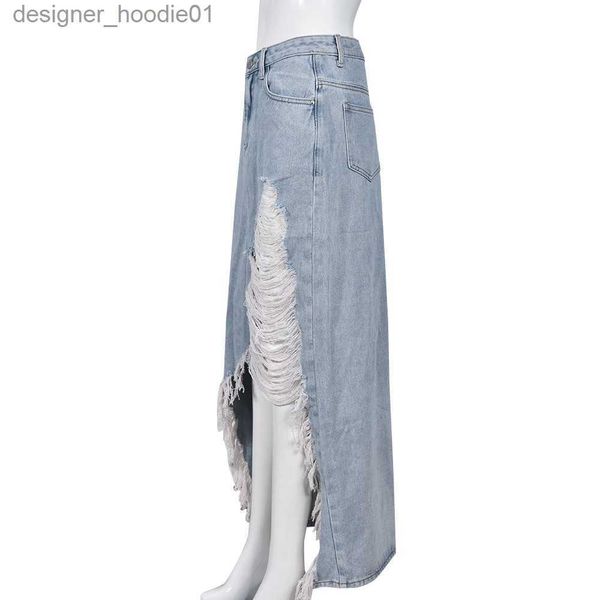 Gonne Designer Gonne lunghe in denim Donna Vita alta Gonna con spacco laterale strappato Abiti estivi Nappe vintage Jeans blu effetto consumato Gonne Articoli sfusi All'ingrosso 9696 L23