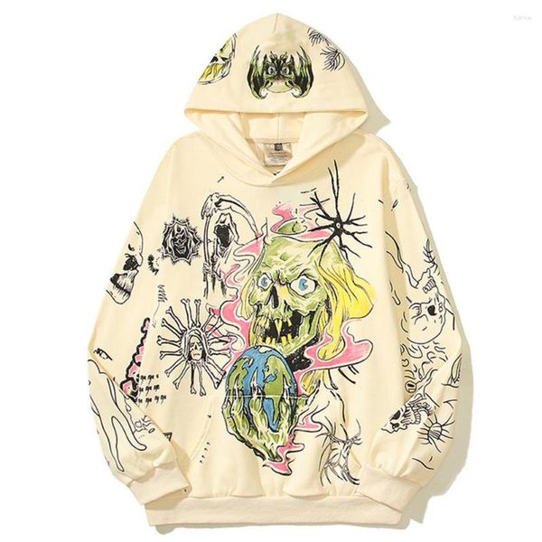 Herren Hoodies Skeleton Graffiti Terry Material Streetwear Hoodie Pullover Fronttasche High Street Kapuze Mann Beige