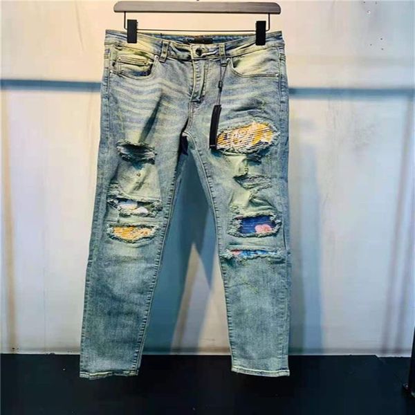 Designer Luxurys Mens Jeans Casual Bordado Vintage Patchwork Calças Clássico Applique Moda Buracos Motociclista Slim-Leg Was256c