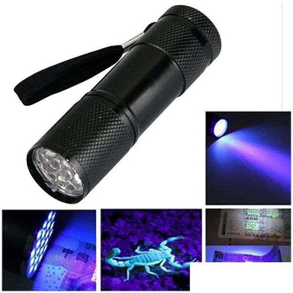 Party Favor 100pcs 9 LED UV lampe de poche torche lumière 395nm tra violet lampe de lumière noire batterie aaa pour marqueur de détection de vérificateur goutte de otsoc