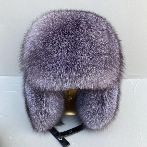 Chapéu unissex totalmente coberto de pele de raposa azul e prata real, pele de raposa inteira, chapéu ushanka russo, caçador, chapéu com aba para orelha