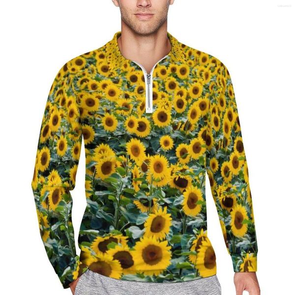 Polo da uomo Campo di girasole Polo casual T-shirt con stampa di fiori gialli Camicia a maniche lunghe con motivo Abbigliamento uomo oversize alla moda quotidiano