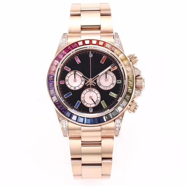 Relógio mecânico esportivo masculino, processo de diamante com inserção manual, à prova d'água, luminoso, 40mm de diâmetro, arco-íris, diamante, estrela da moda 2470