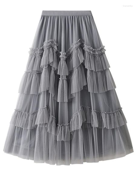 Gonne SURMIITRO Moda A File Tulle Maxi Gonna Donna 2023 Coreano Casual Solido Tutto-fiammifero UNA Linea A Vita Alta A Pieghe Lungo femminile