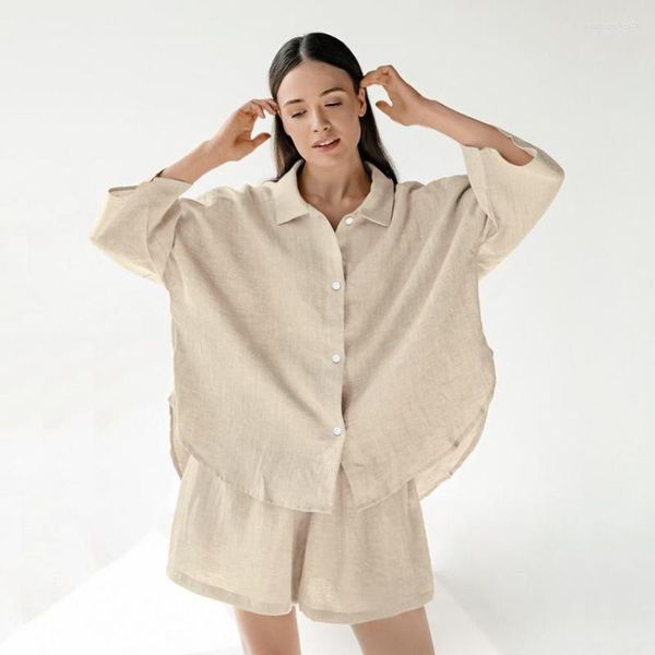 Pijamas femininos verão algodão linho pijama conjunto fino 2 peças com shorts senhoras sólido único berasted roupas de casa para o sexo feminino