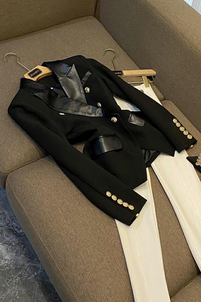 Осень 2023, черные однотонные пиджаки со вставками, двубортные пиджаки с длинными рукавами и пуговицами с зубчатыми лацканами, пальто O3G302236