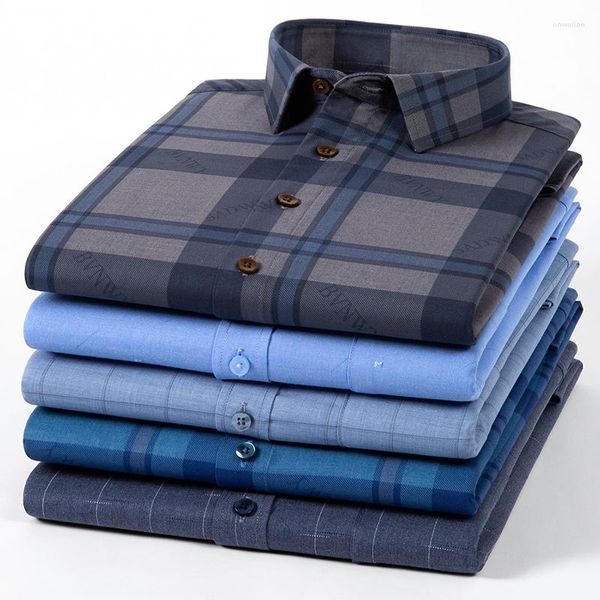 Camisas de vestido masculinas camisa xadrez de fibra de bambu primavera outono manga longa listras impressas negócios casuais rugas resistentes estiramento xadrez