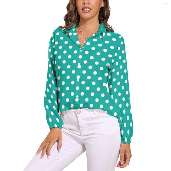 Blusas femininas blusa de bolinhas brancas manga longa pontos bonitos imprimir na moda feminina casual camisa de grandes dimensões roupas presente de aniversário