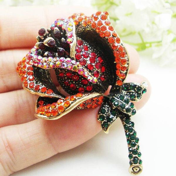 Broches Grgeous Red Rose Flor Mulher Pingente Broche Pin Strass Cristal Corsage