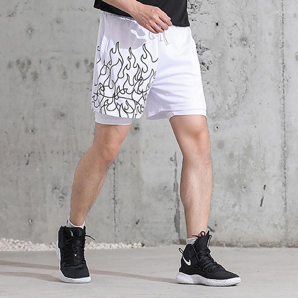 Herren-Shorts, 2-in-1, Doppeldecker-Sporttrikot, Basketball, Sommer, schnell trocknend, bequem, Mesh-Flammenmuster, lässige Workout-Sweatshorts