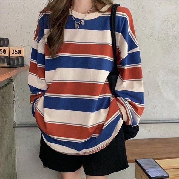 Hoodies femininos 2023 primavera outono coreano solto listrado de mangas compridas camiseta feminina ins net vermelho estudantes all-match fino top roupas tendência