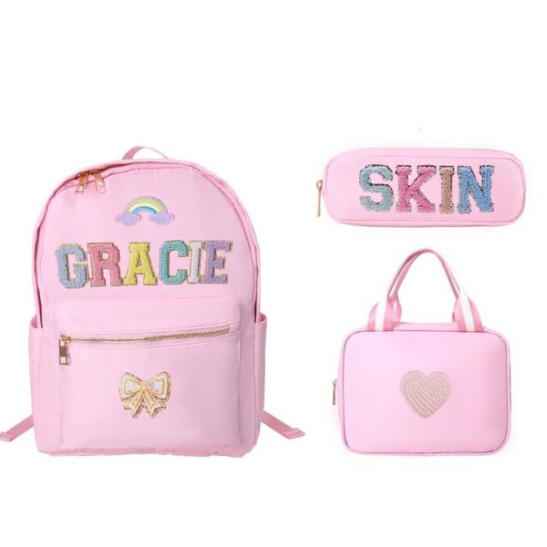 Schultaschen, 3 Stück, Nylon-Rucksäcke, für Kinder, modisch, niedliche Buchstaben-Patches, Federmäppchen, Lunch-Taschen-Sets, einfache Schultasche für Mädchen im Teenageralter, 230912