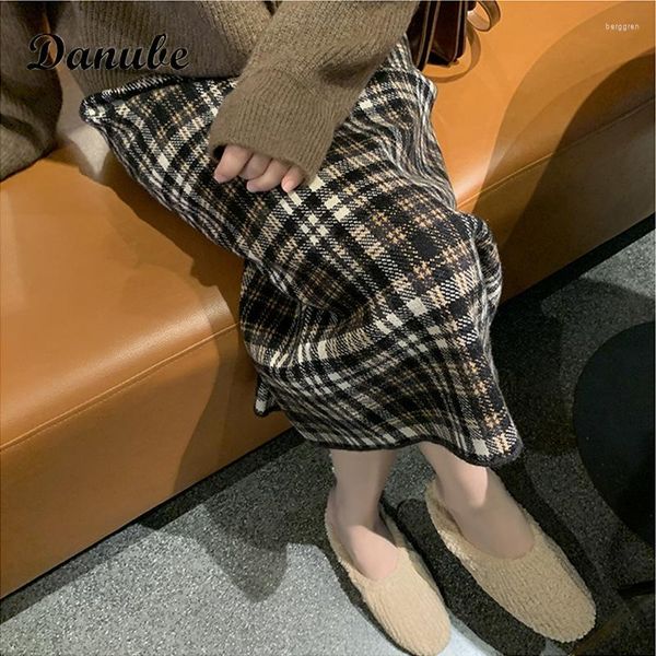 Röcke Vintage Plaid Woolen Lange Bleistift Rock Frauen Elegante Büro Dame Hohe Taille Gerade Herbst Koreanischen Stil Lose Midi